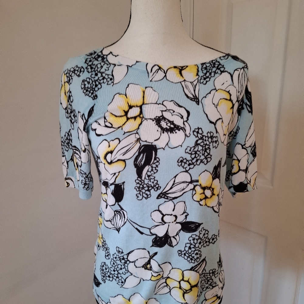 Talbots Women’s Short Sleeve Cotton/Rayon Floral Sweater Blue Size Small